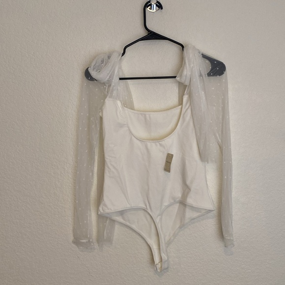 NWOT Free People Bodysuit Tongue Tied Ivory Sheer Bowtie Square Neck Long Sleeve - Picture 6 of 7